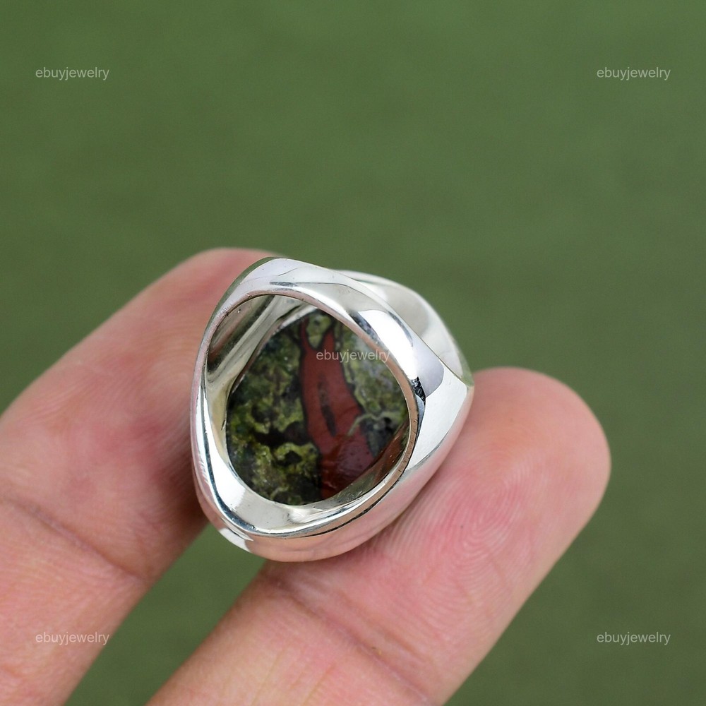 Oval Natural Dragon Bloodstone Statement Stackable Promise Ring Sterling Silver