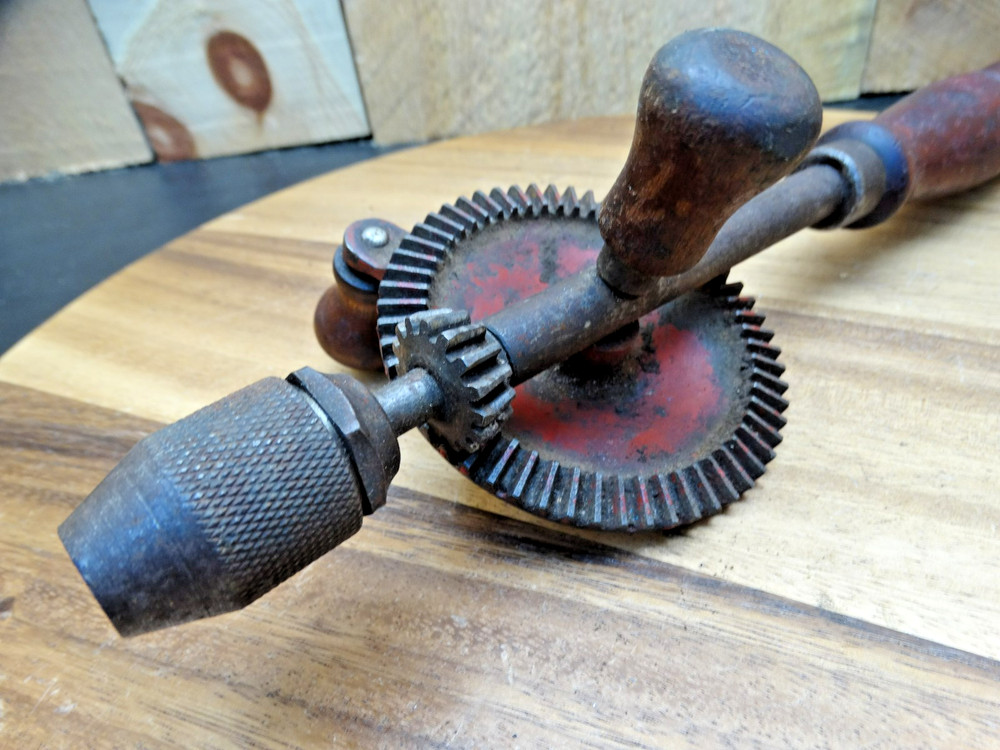 Vintage Egg Beater Hand Drill with Removable Bit Storage Handle Cap