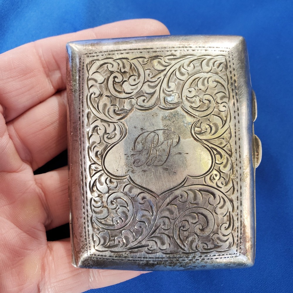 Rare Solid SILVER Hand Engraved Compartment Cigarette Vesta Case Monogram c1860