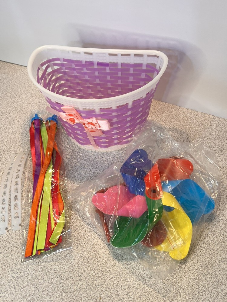 Bicycle Basket, Purple/white woven plastic. W/Handle Streamers & Wind-spinner.