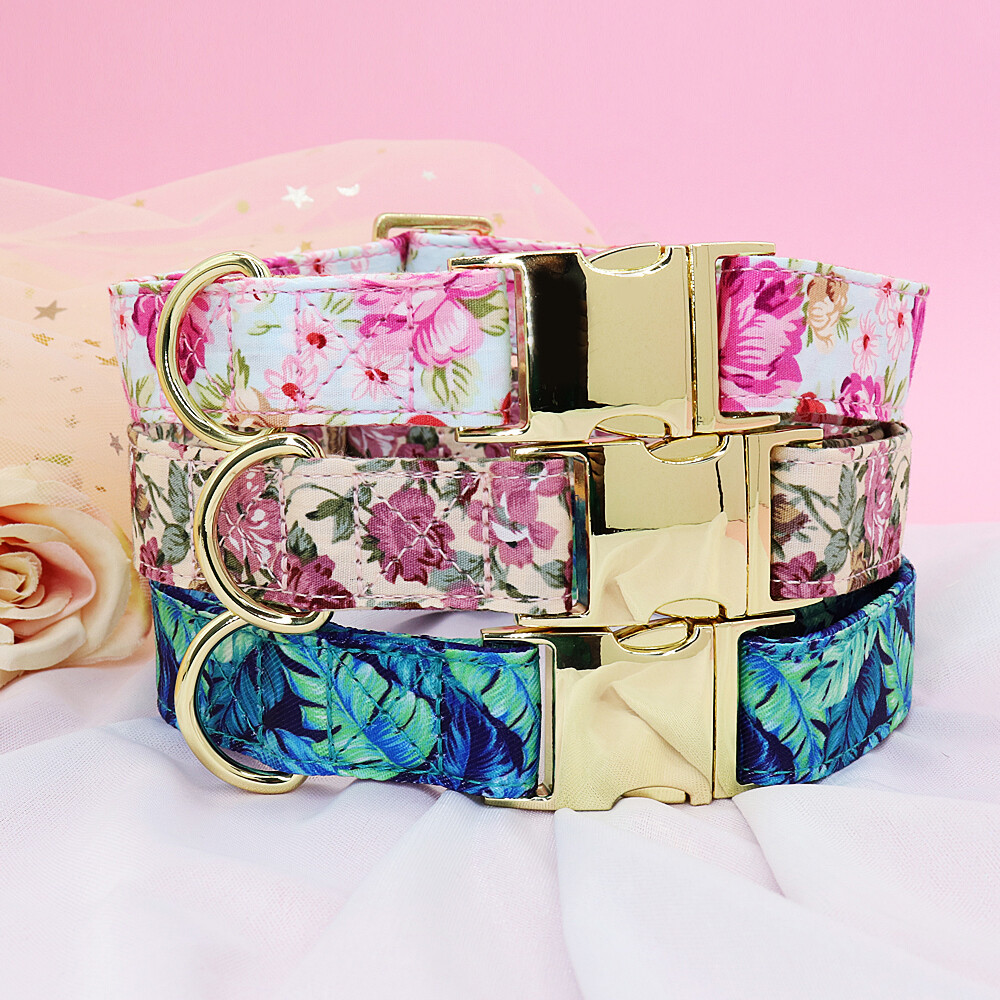 Floral Flower Dog Collar and Leash Personalized Name Engraved Custom Adjustable