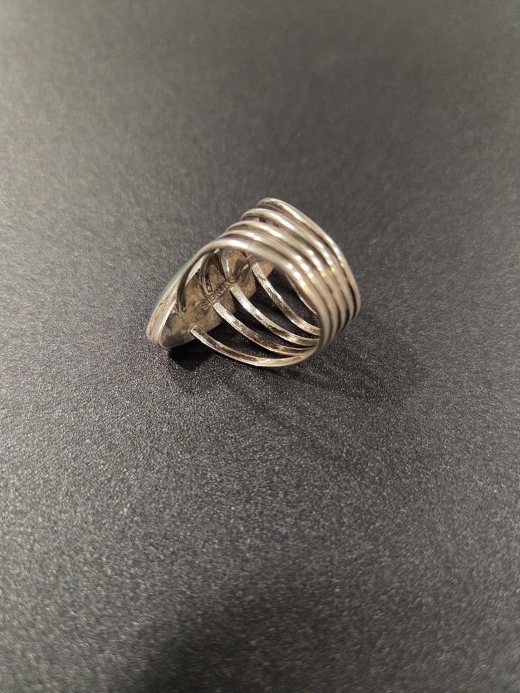 Native American Sterling and Malachite Ring Size 7.5 Marked Sterling