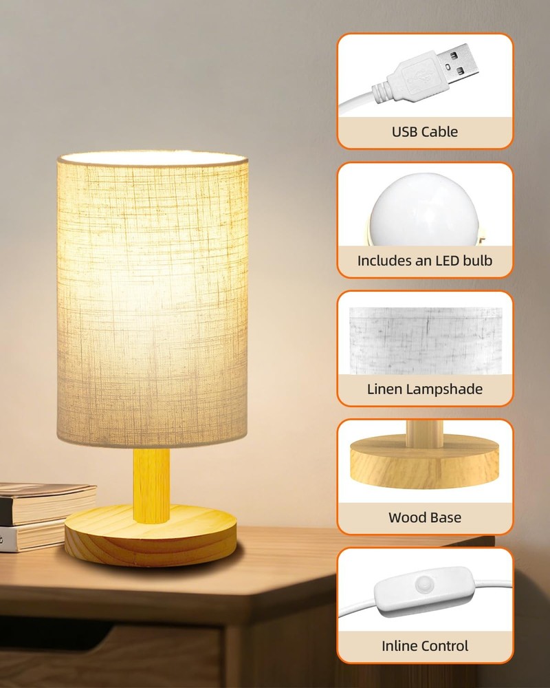 Small Table Lamp for Bedroom - Inline Control, Bedside Lamp for Warm Light LE...