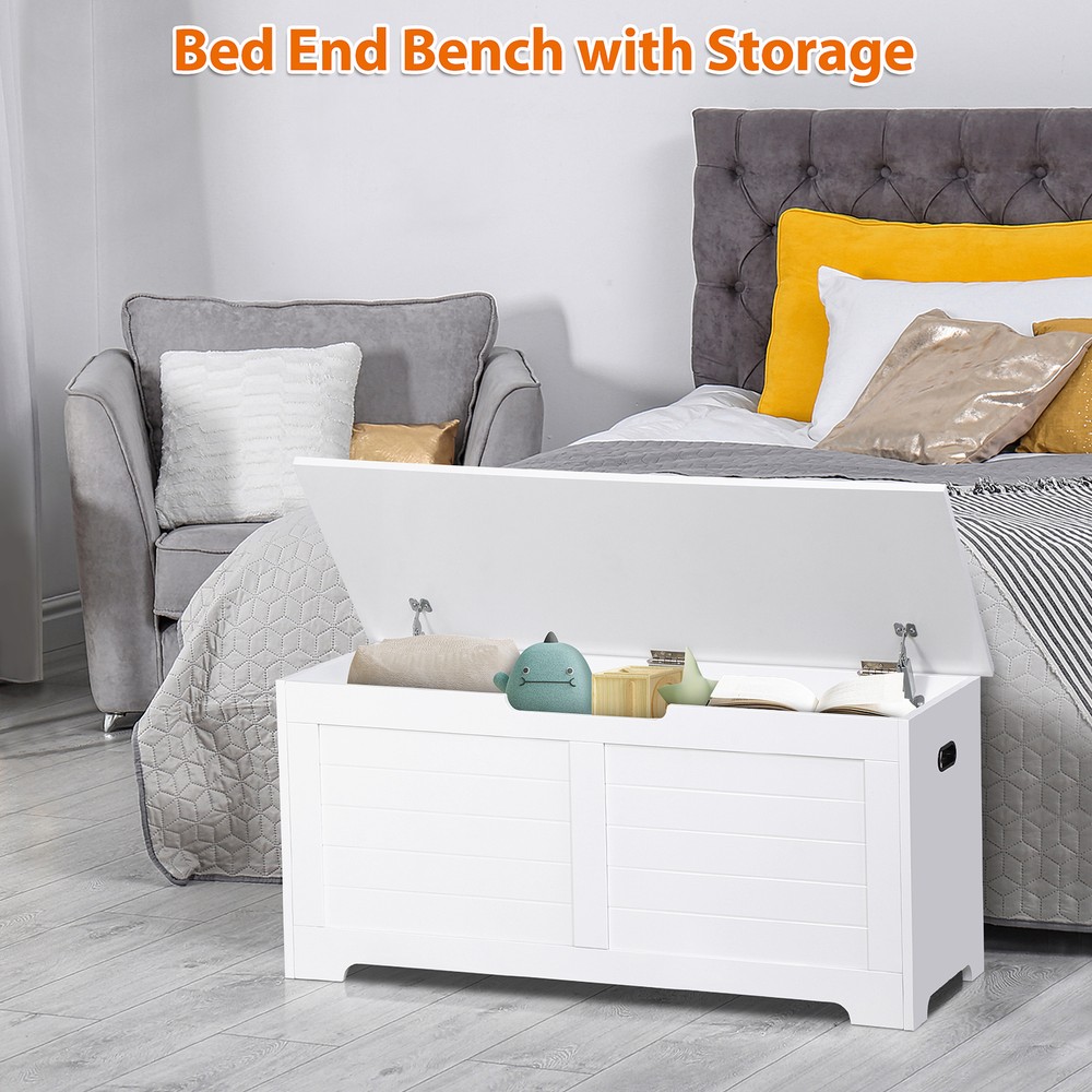 39.4'' Flip-Top Toy Box Storage Chest with 2 Safty Hinges Bed End Bench White