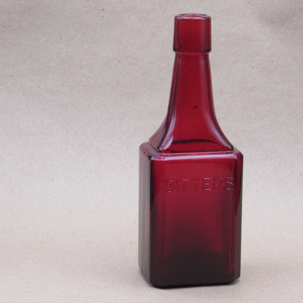 Wheaton Bottle, Ruby Red Bitters, 6" Rectangle Base, Embossed Text, Vintage NJ