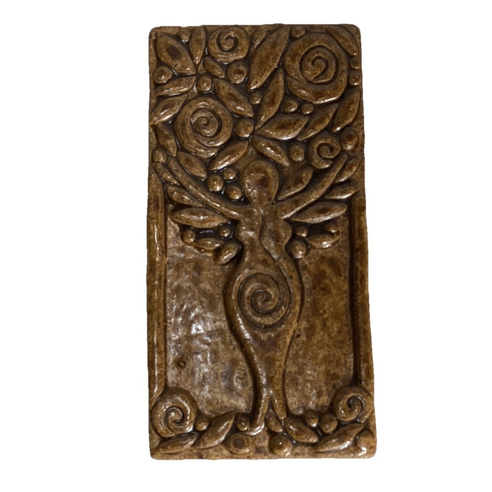 Tree Goddess Rectangle Art Pottery Tile Brown Drip Glazed