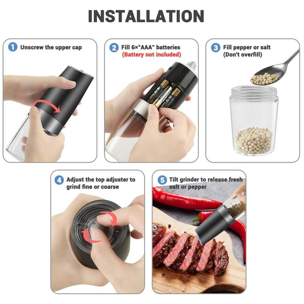 2Pcs Gravity Electric Salt and Pepper Grinder Set, Battery Powered LED Light ...