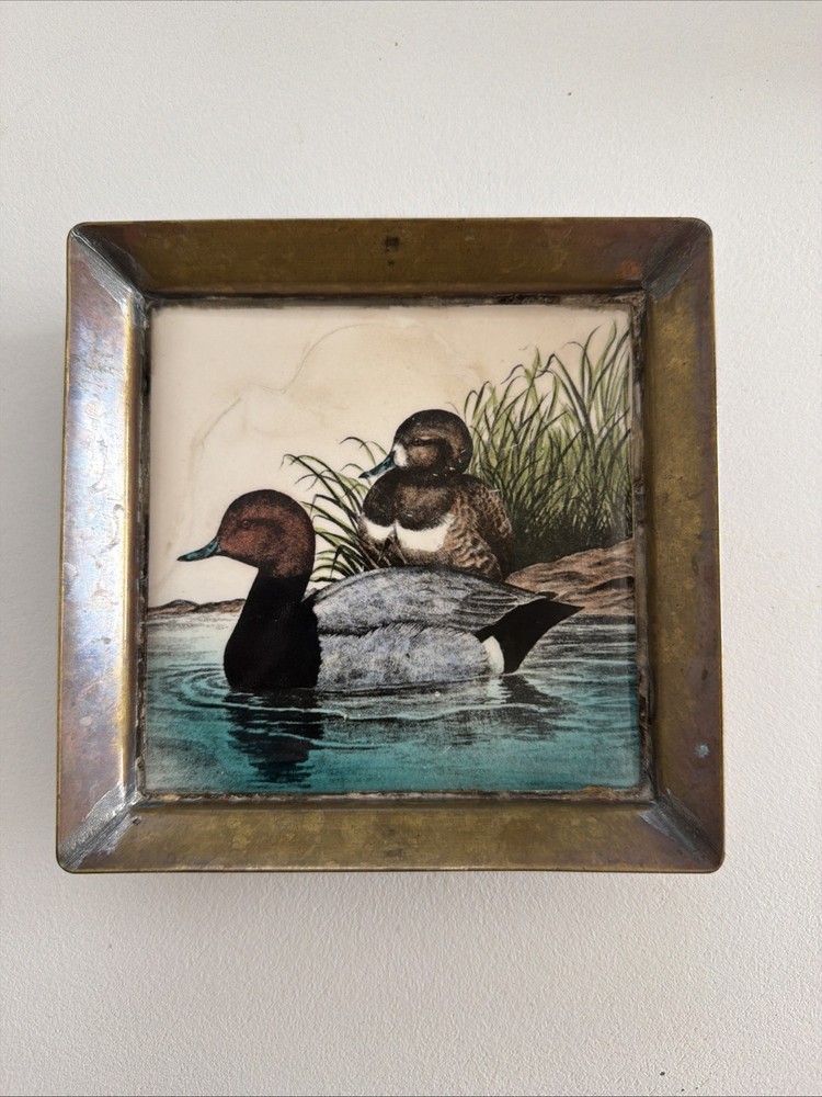 Vintage 5”x5” Small Duck Art Ceramic Tile Trivet   Decor On Copper Base/Frame