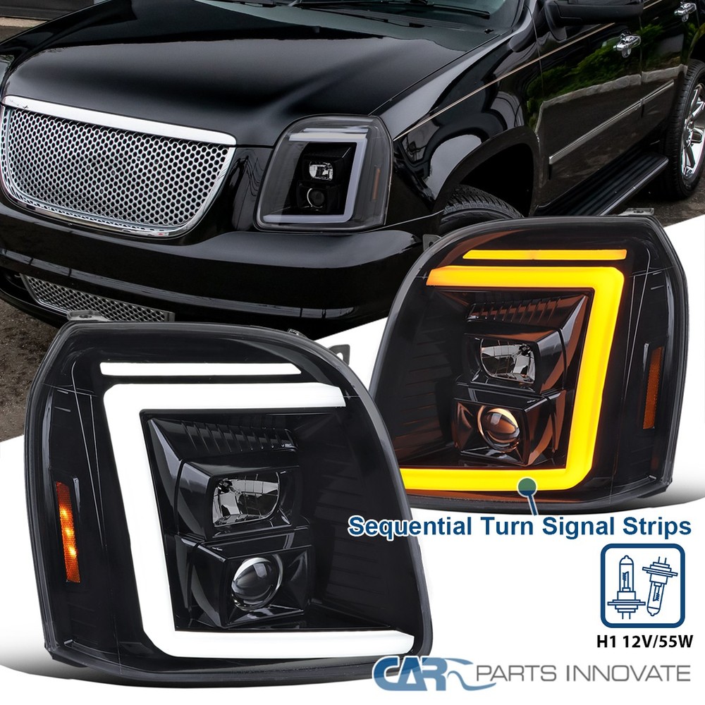 Black Smoke Fits 2007-2014 GMC Yukon XL 1500 Sequential LED Projector Headlights