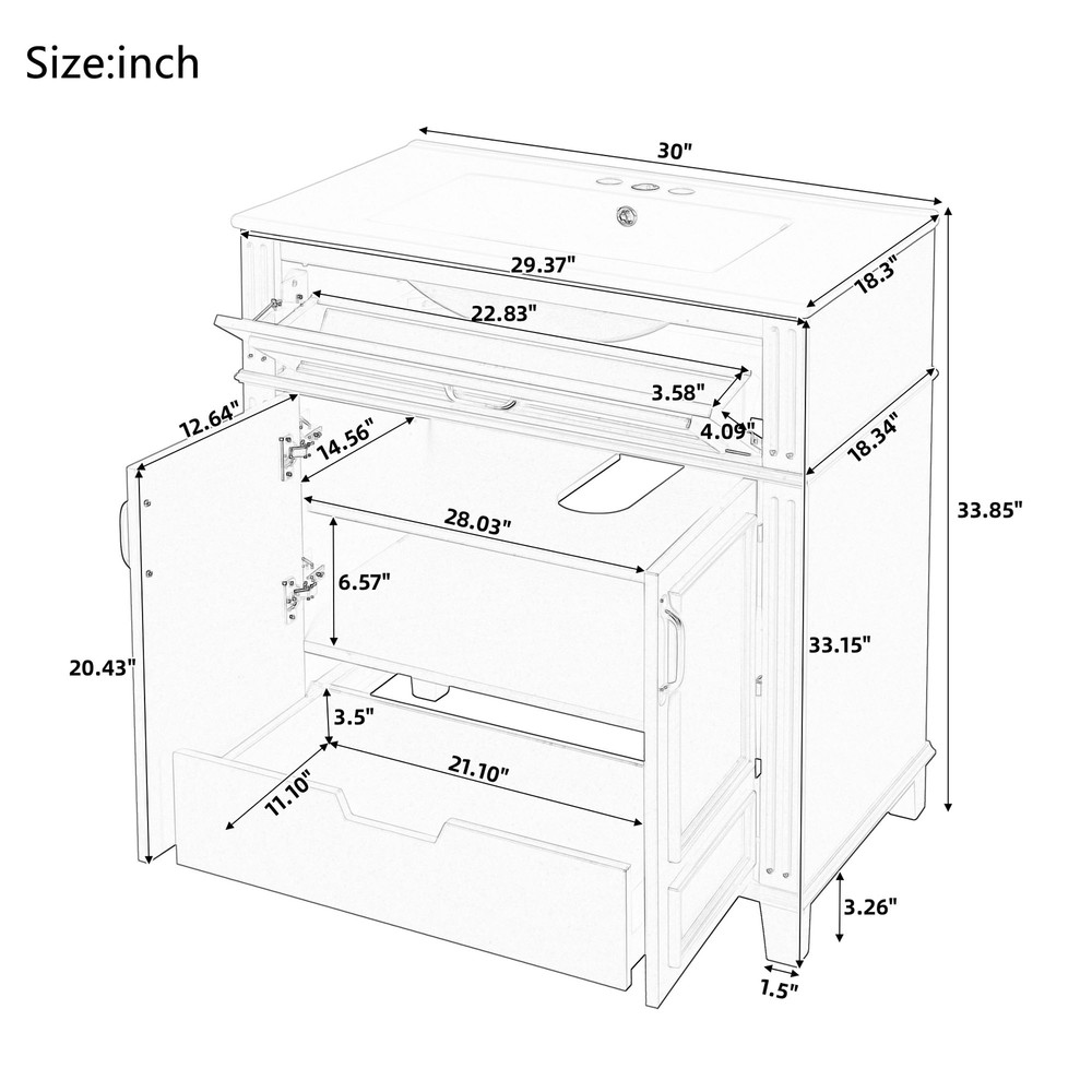 30'' Bathroom Vanity with Ceramic Sink,Solid Wood Frame Bathroom Storage Cabinet