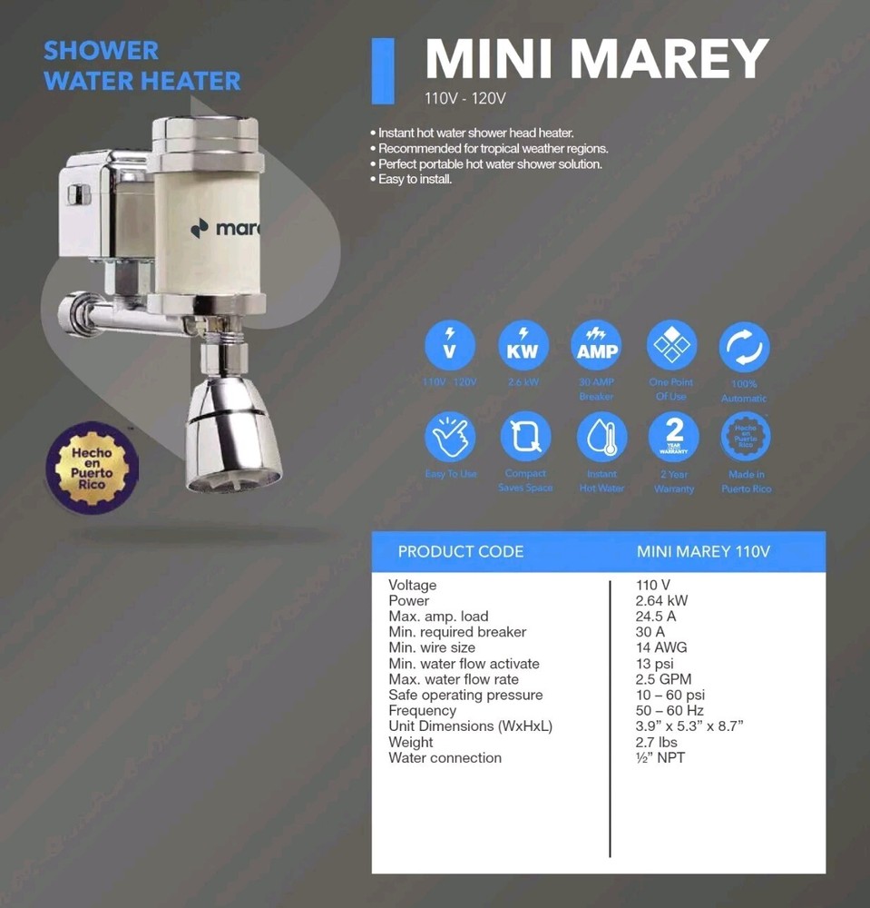 NEW MAREY HOME COMPACT TANKLESS SHOWER WATER HEATER MINI MAREY 110V 2.6KW