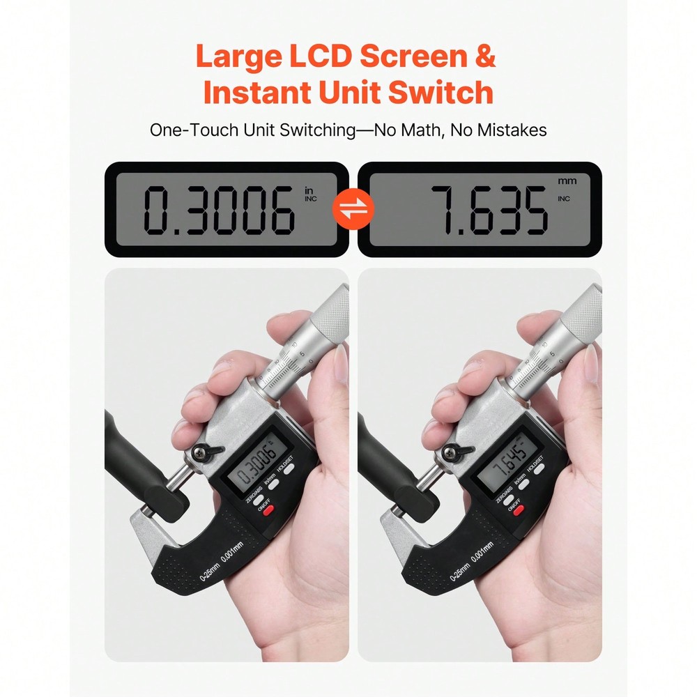 Micrometer Set, Digital Outside LCD Screen, In/Mm Switch, Carbide Tip