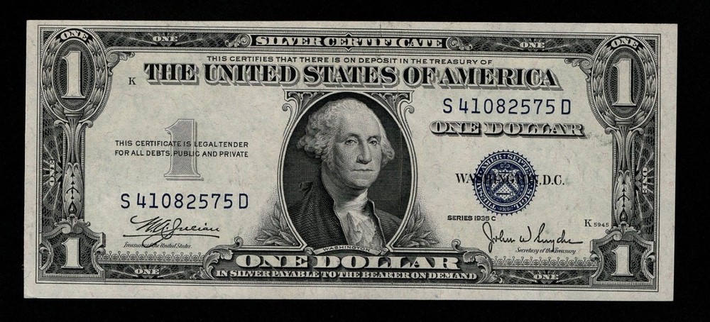 1935C $1 SILVER CERTIFICATE VERY MINOR GUTTER FOLD ERROR S41082575D