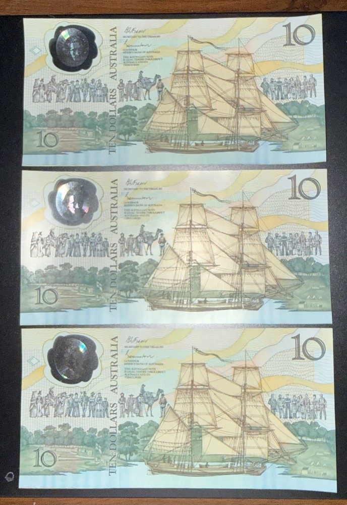 1988 Australian Bicentennial $10 Notes x3 Consecutive Johnston/Fraser AB Prefix