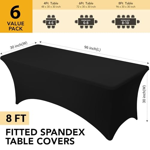 6-Pack Premium Spandex Tablecloths for 8ft Rectangle 8 FT | 6 Pack Black