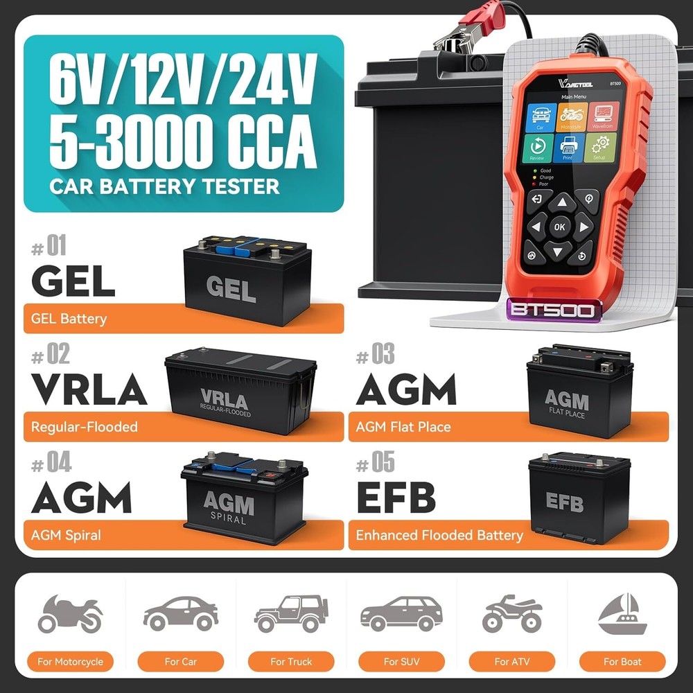 VDIAGTOOL BT500 100-3000 CCA Car Auto Load Battery Tester Tool Digital Analyzer