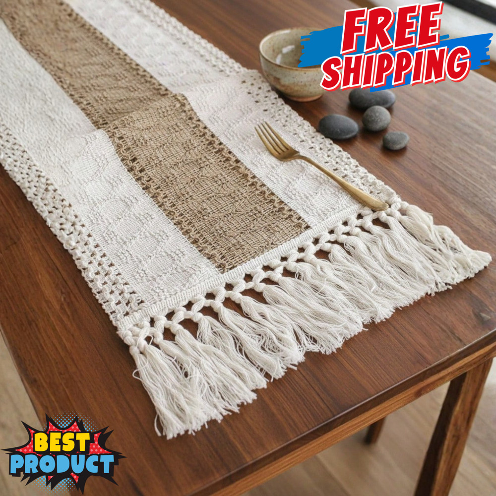 1pc Boho Table Runner Table Runner With Tassels Cream & Brown Macrame Runner