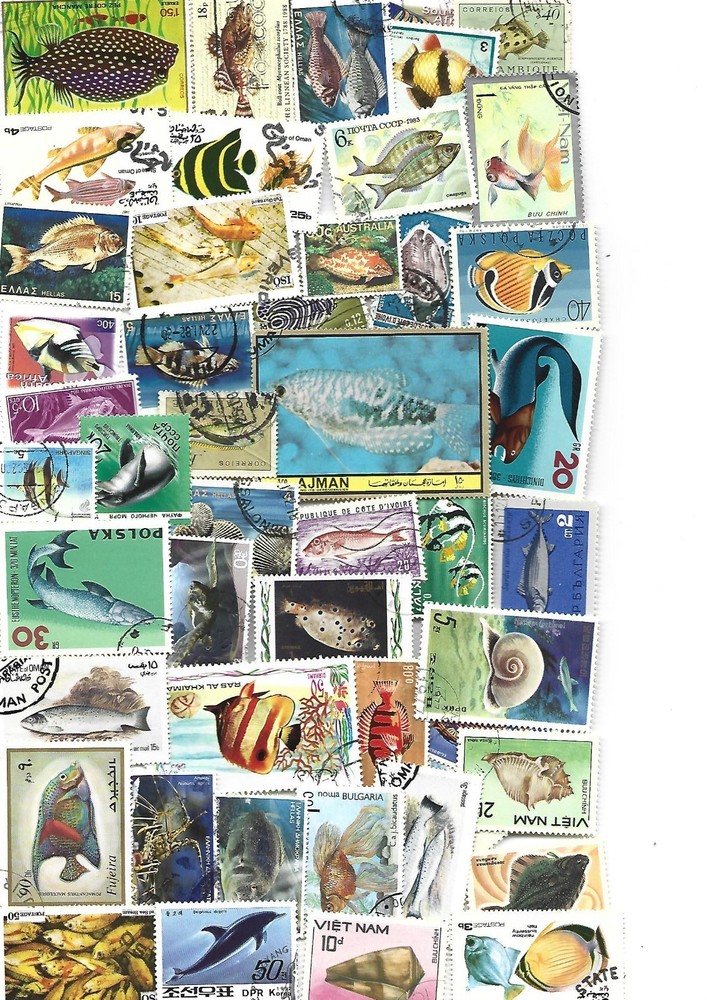 FISH 50 USED DIFFERENT STAMPS