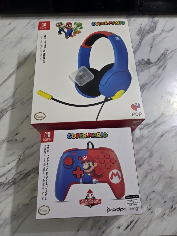 PDP Super Mario Wired AIRLITE Headset & Faceoff Deluxe+ Audio Controller Bundle