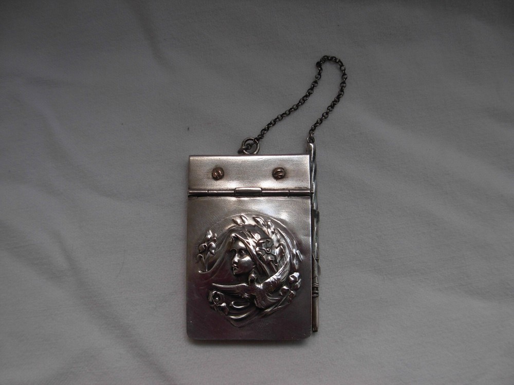 ANTIQUE GERMAN SOLID SILVER DANCE CARD,NOTE BOOK,PENDANT,ART NOUVEAU