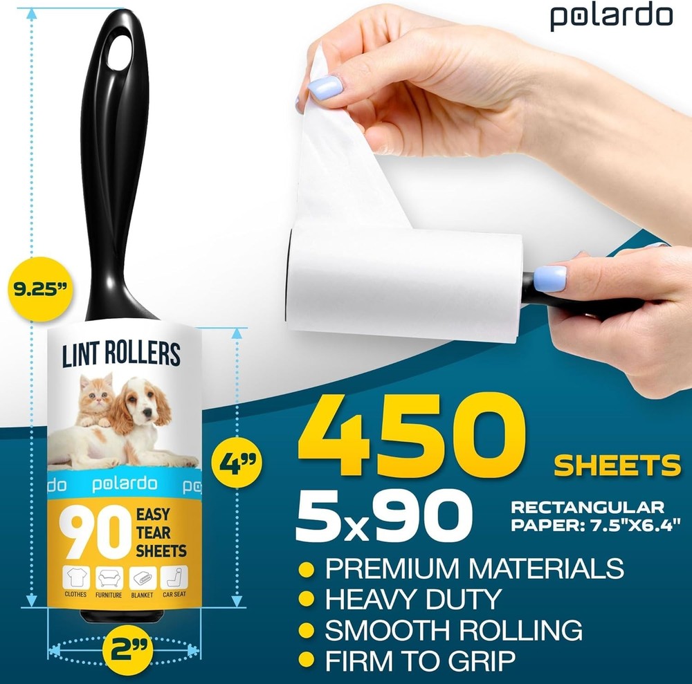 Compact Travel Lint Rollers for Pet Hair - 5 Large Rollers, 450 Sheets Included