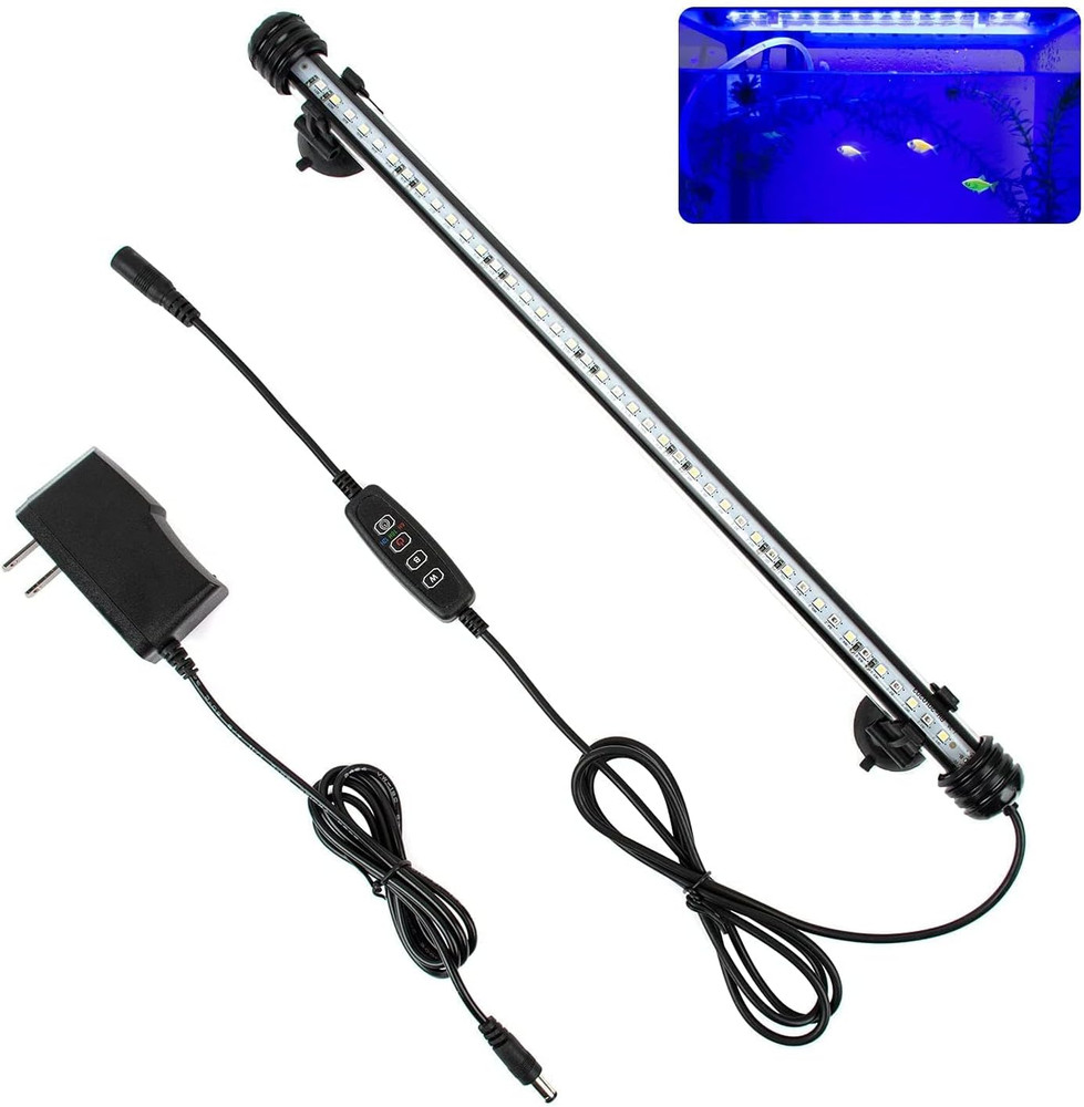 15" White & Blue Submersible LED Aquarium Fish Tank Light with Timer/Dimmable Un