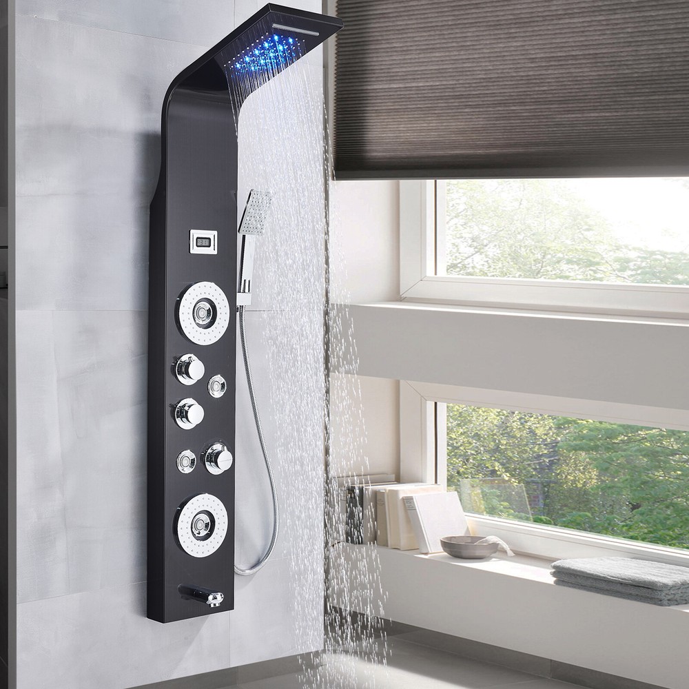 ELLO&ALLO Shower Panel Tower LED Rainfall Waterfall Massage System with Body Jet