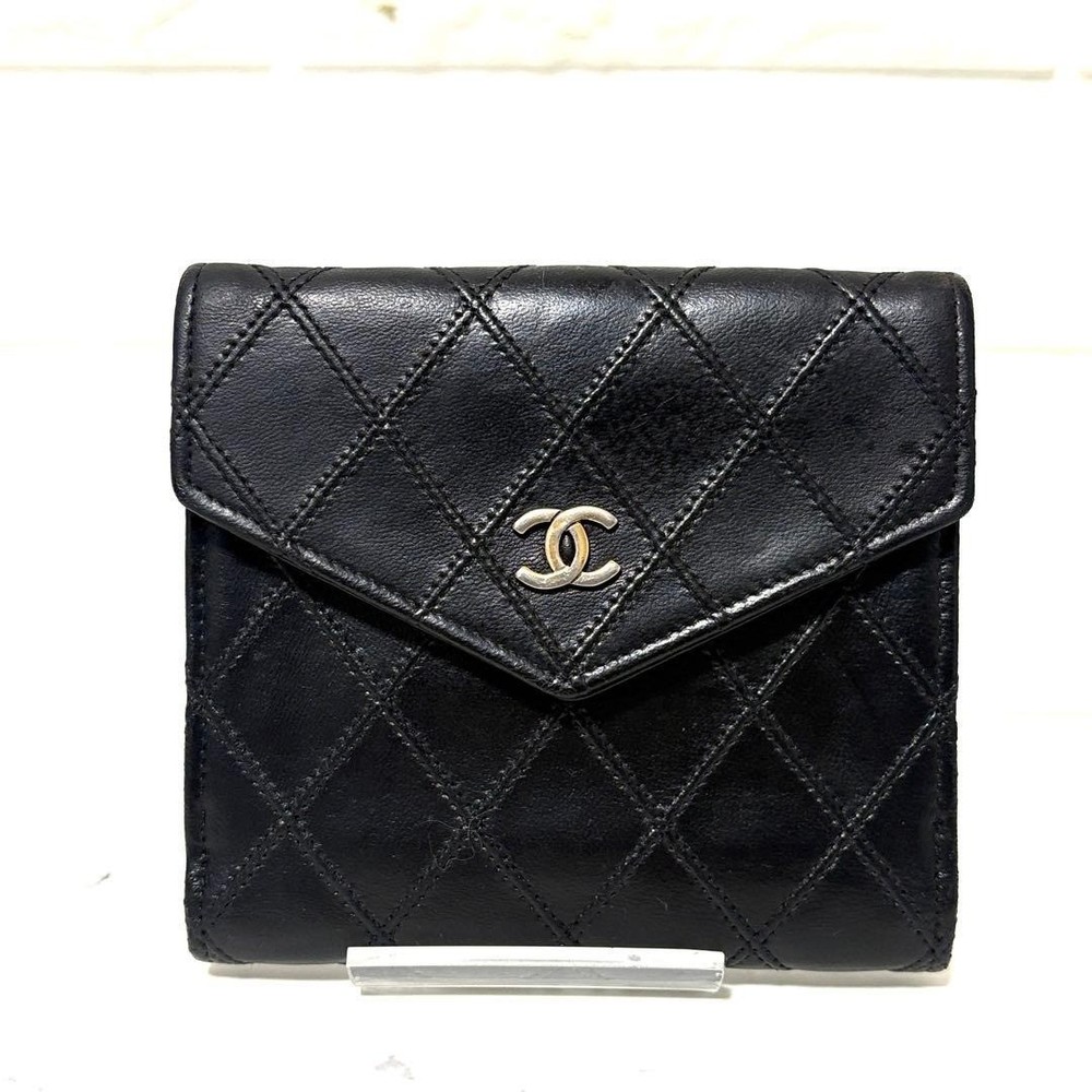 CHANEL Bi-fold Wallet Bicolore Coco Mark Double Snap Closure Black, Authentic