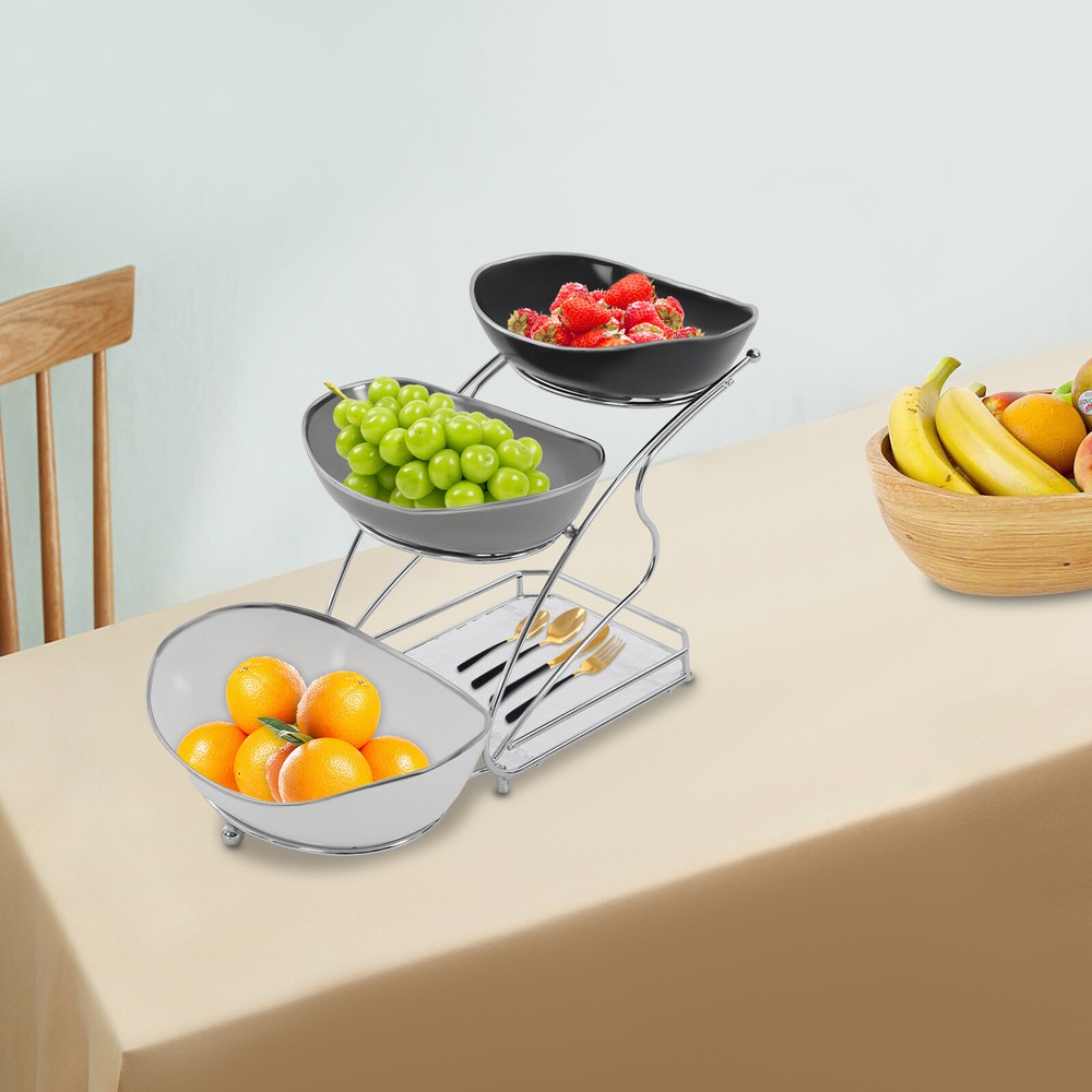 3 Tier Fruit Serving Bowls w/ Stand Fruit Serving Bowl Holder for Kitchen Silver