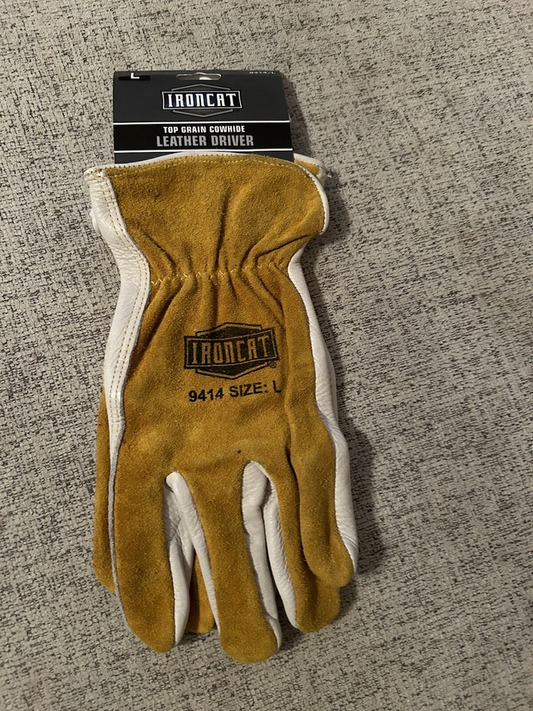 IRONCAT 9414 Premium Split Cowhide Gloves Tan/Gray, Large, Grain Leather Driver
