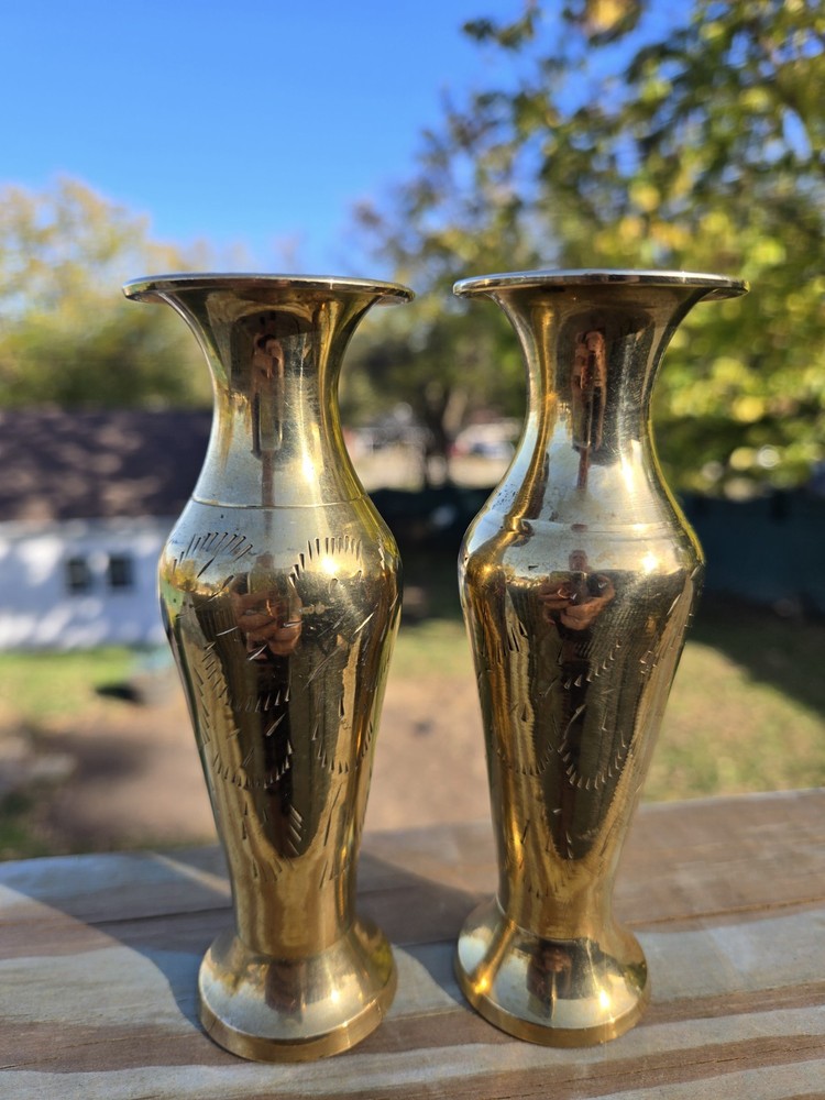 Solid Brass Petite Bud Vases  Etched Foliage Pattern Made In India