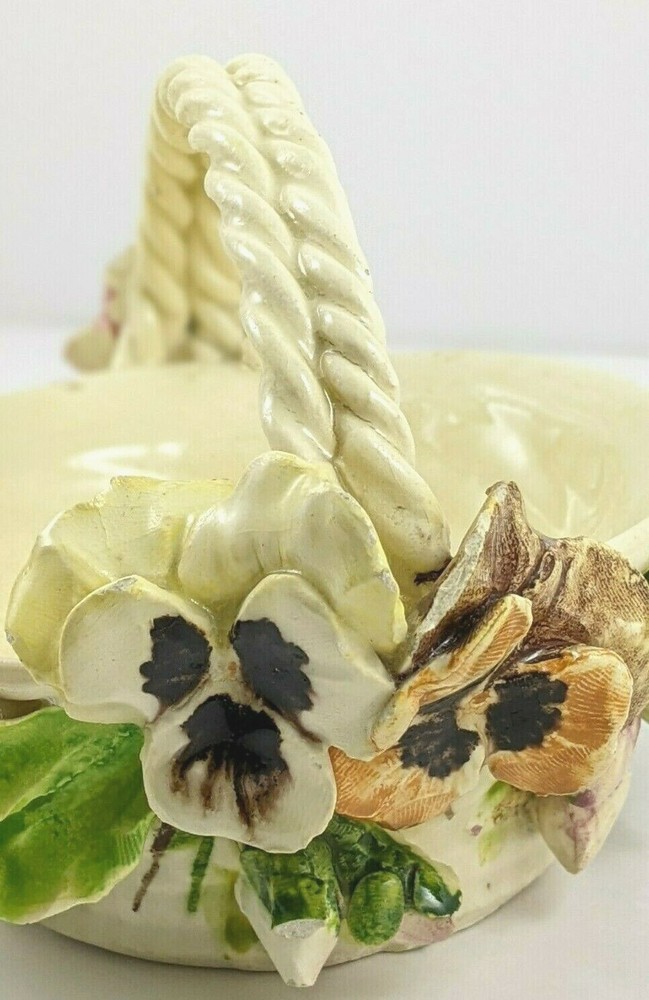 Vintage Ceramic Flowered Basket Braided Handle Italy
