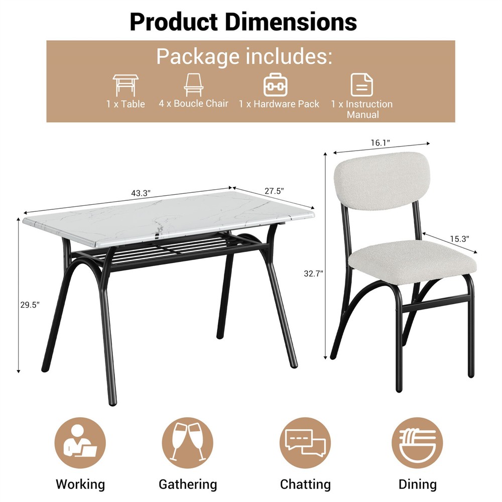Modern Kitchen Table with Boucle Chairs for 4 Dining Table Set for Small Space
