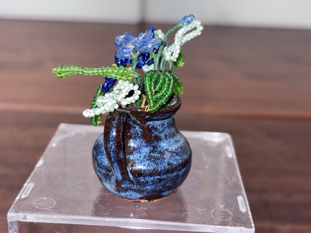 Mini Beaded Flowers In Blue/Brown Pottery Pot