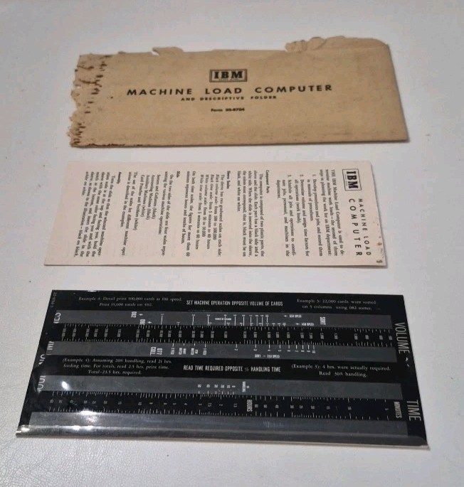 IBM Machine Load Computer & Descriptive Folder Slide Ruler 3 Pieces USA Vintage