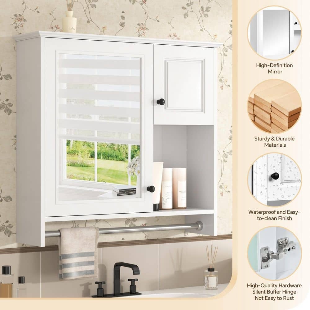 30x28 White Wall Mounted Rectangular Medicine Cabinet Mirror w/Towel Rail