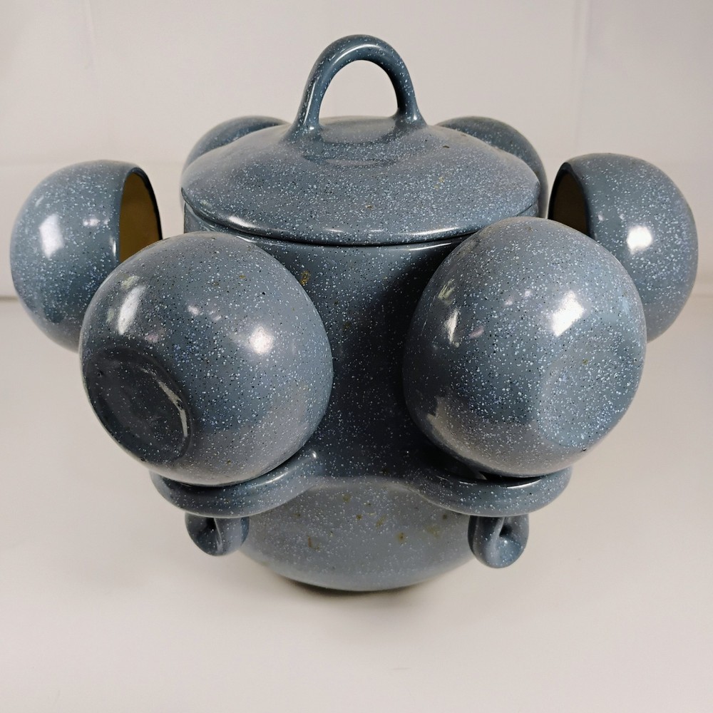 Ceramic Soup Pot Self Holding with Five Handled Bowls Blue Speckle