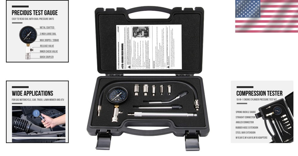 Engine Compression Tester Kit – Gasoline Pressure Gauge with Adaptors & Hoses
