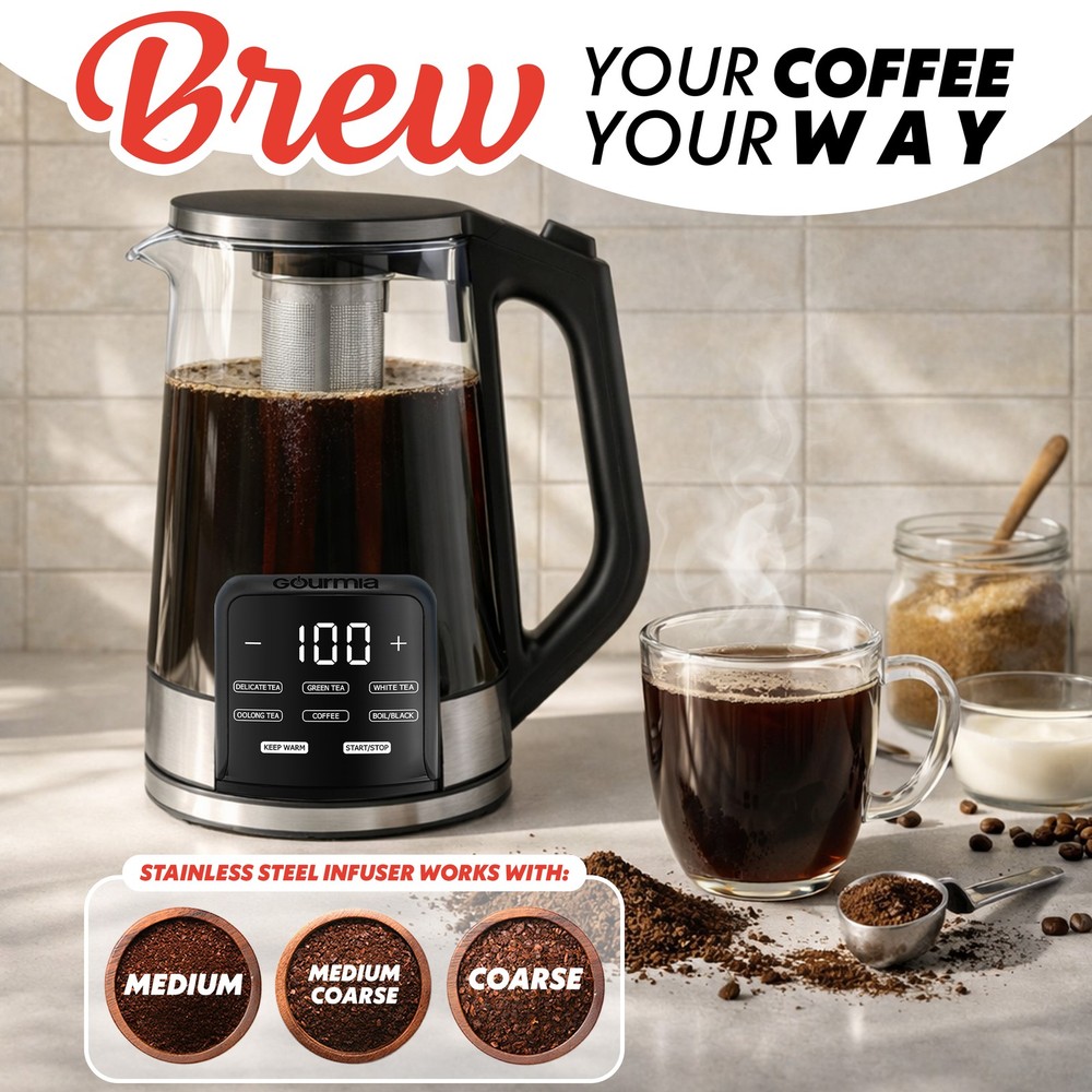 Gourmia Programmable 1.7L Glass Kettle with 6 Presets and Removable Infuser