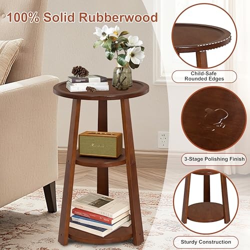 3-Tier Round Side Table, Solid Wood End Table & Nightstand for Small Red Brown