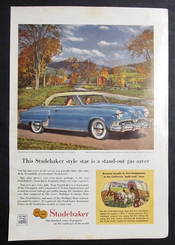 Original 1953 Studebaker Ad State Commander V-8 Starliner Model in Blue & White