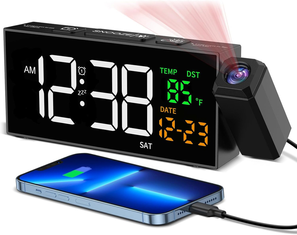 Projection Alarm Clock With Ceiling Display Temperature Date Adjustable Alarm