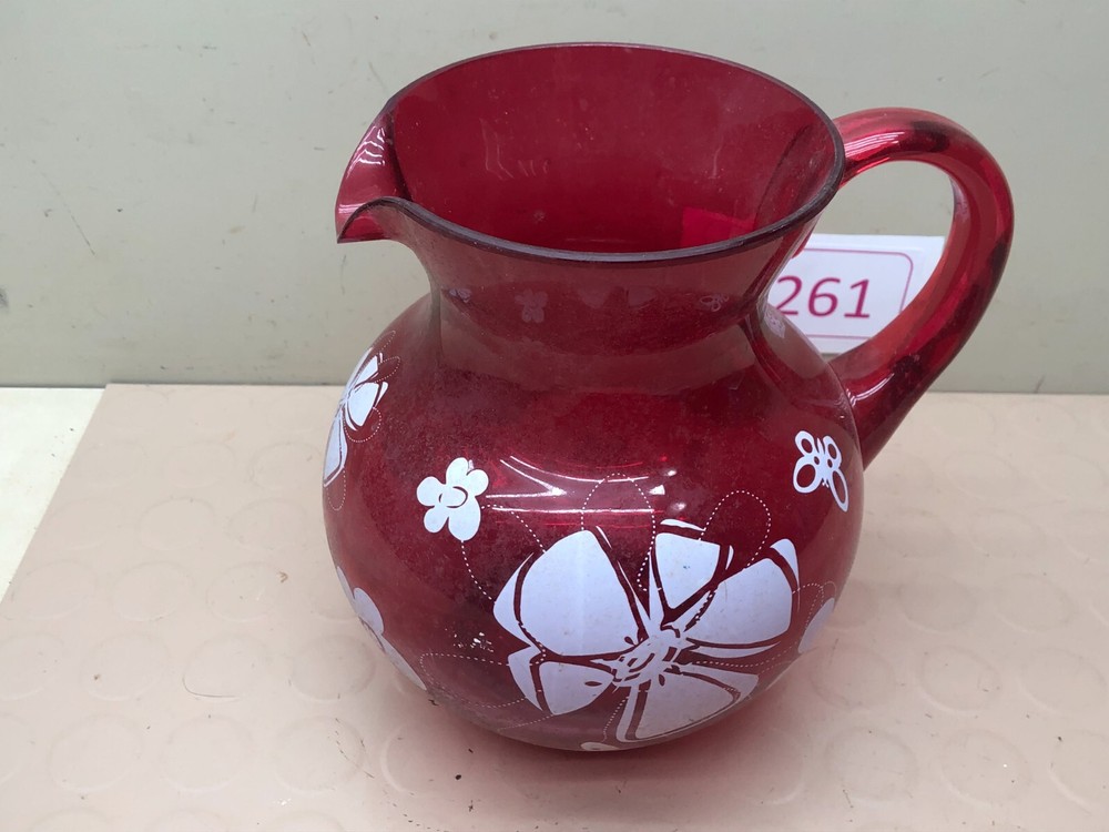 Vintage Red Clear Plastic Pitcher Retro Flower