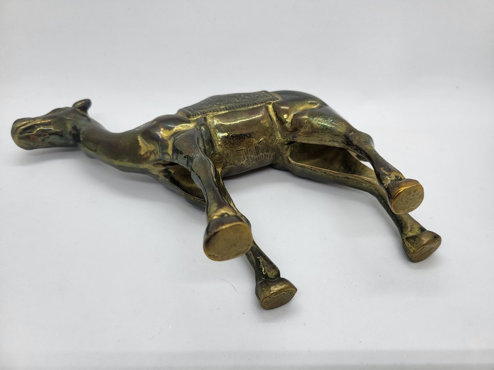 Vintage Solid Brass Camel Statue Figurine w/ Etched Embossed Blanket Design