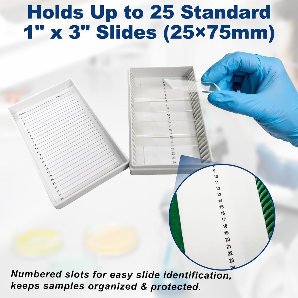 Microscope Slide Storage Box, 25-Place Plastic Microscope Slide Holder with F...
