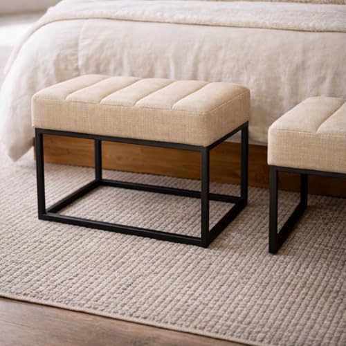 HomePop Theodore Channel Tufted Small Ottoman - Light Tan Textured Solid