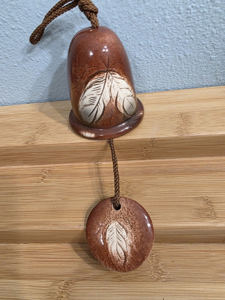 Handmade Ceramic Bell Wind Chime Feather Design Brown Pottery Art Boho Garden