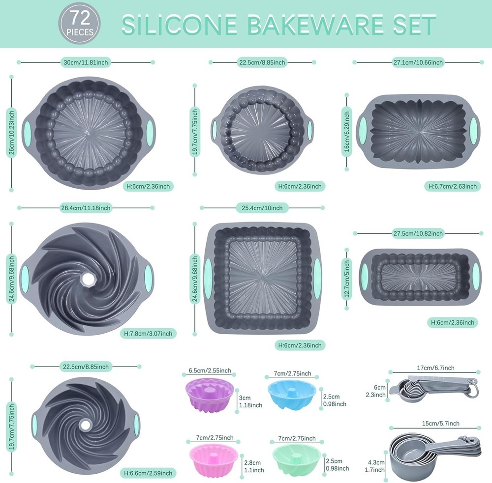 72 Pieces Silicone Bakeware Set, Nonstick Baking Pans Set, Easy Rele...