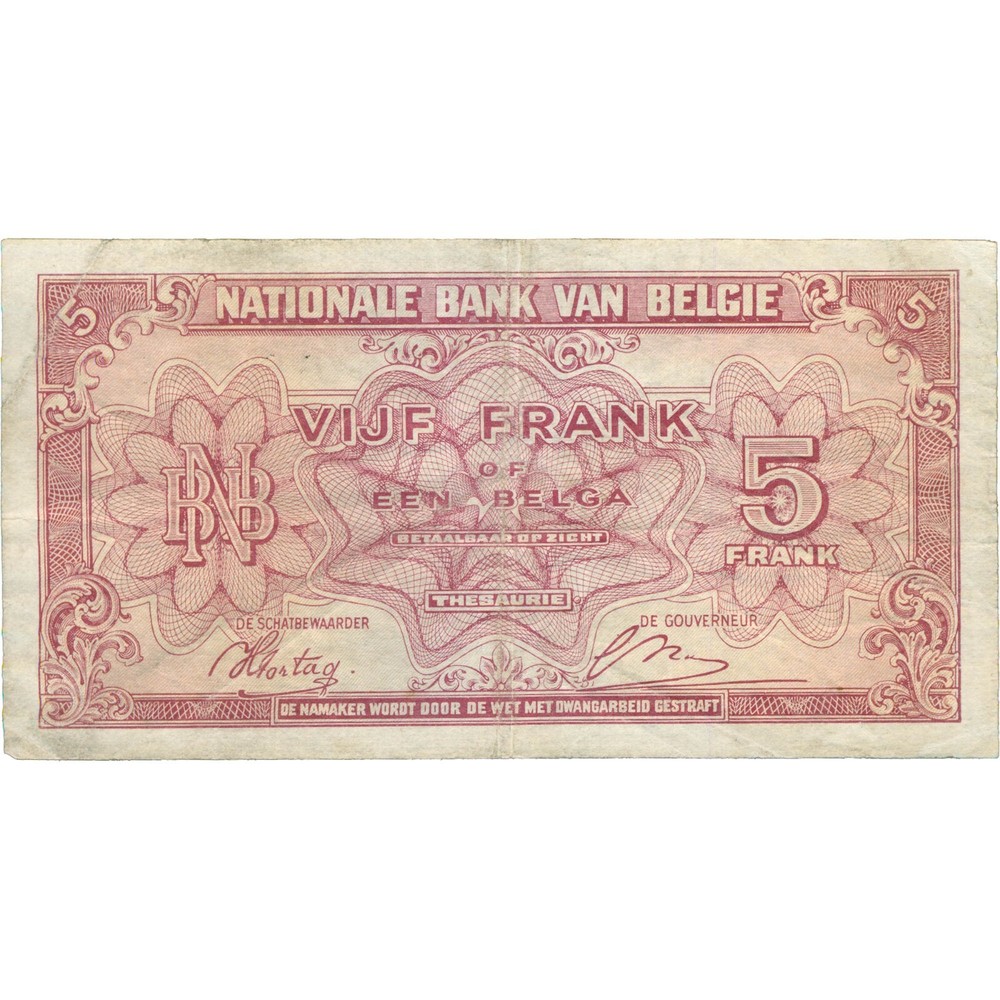 1943 Belgium 5 Francs Banknote (BAN302-)