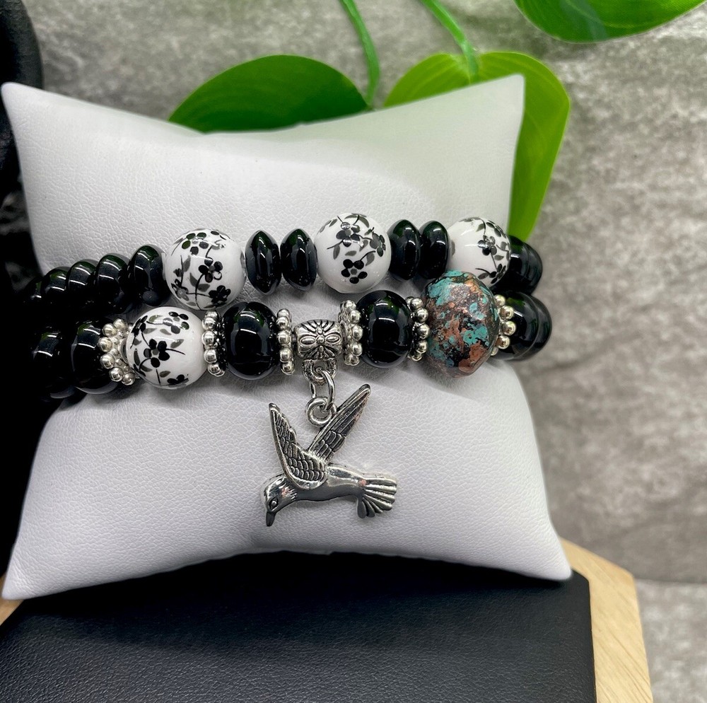 2 PC Handmade Boho Beaded Stackable 7” Plus Stretch Bracelet Set New B1363